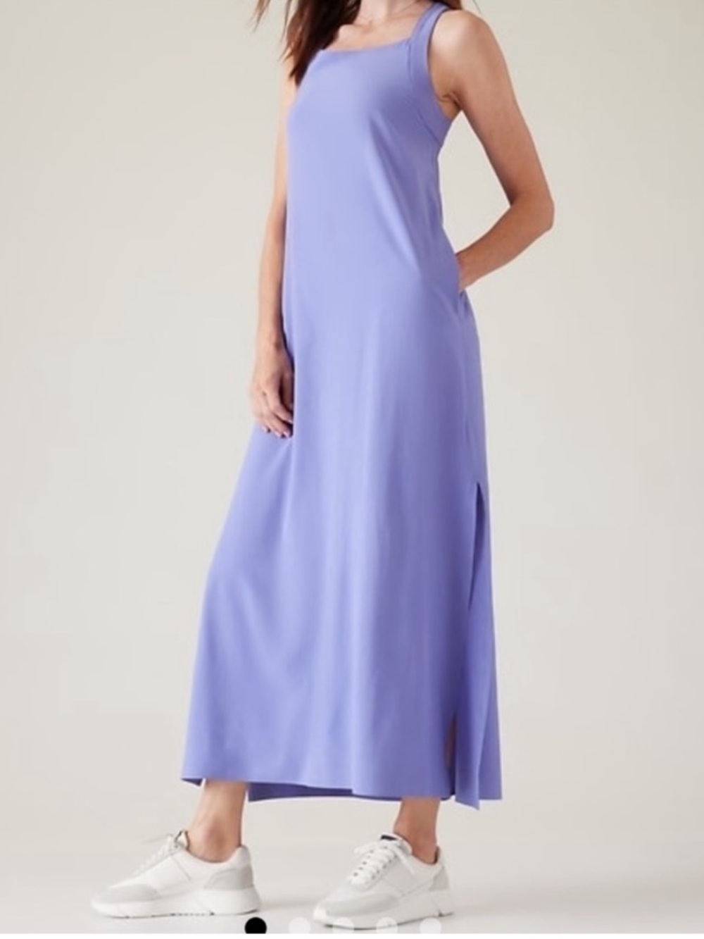 Athleta Arrival Maxi Dress Dark Adonis Blue Lilac Crossback Pockets XL